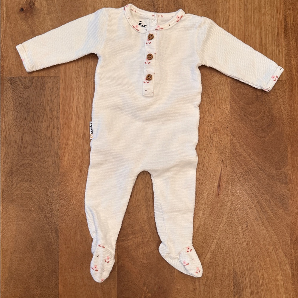 Maniere Child 3mo white thermal onesie with floral accents